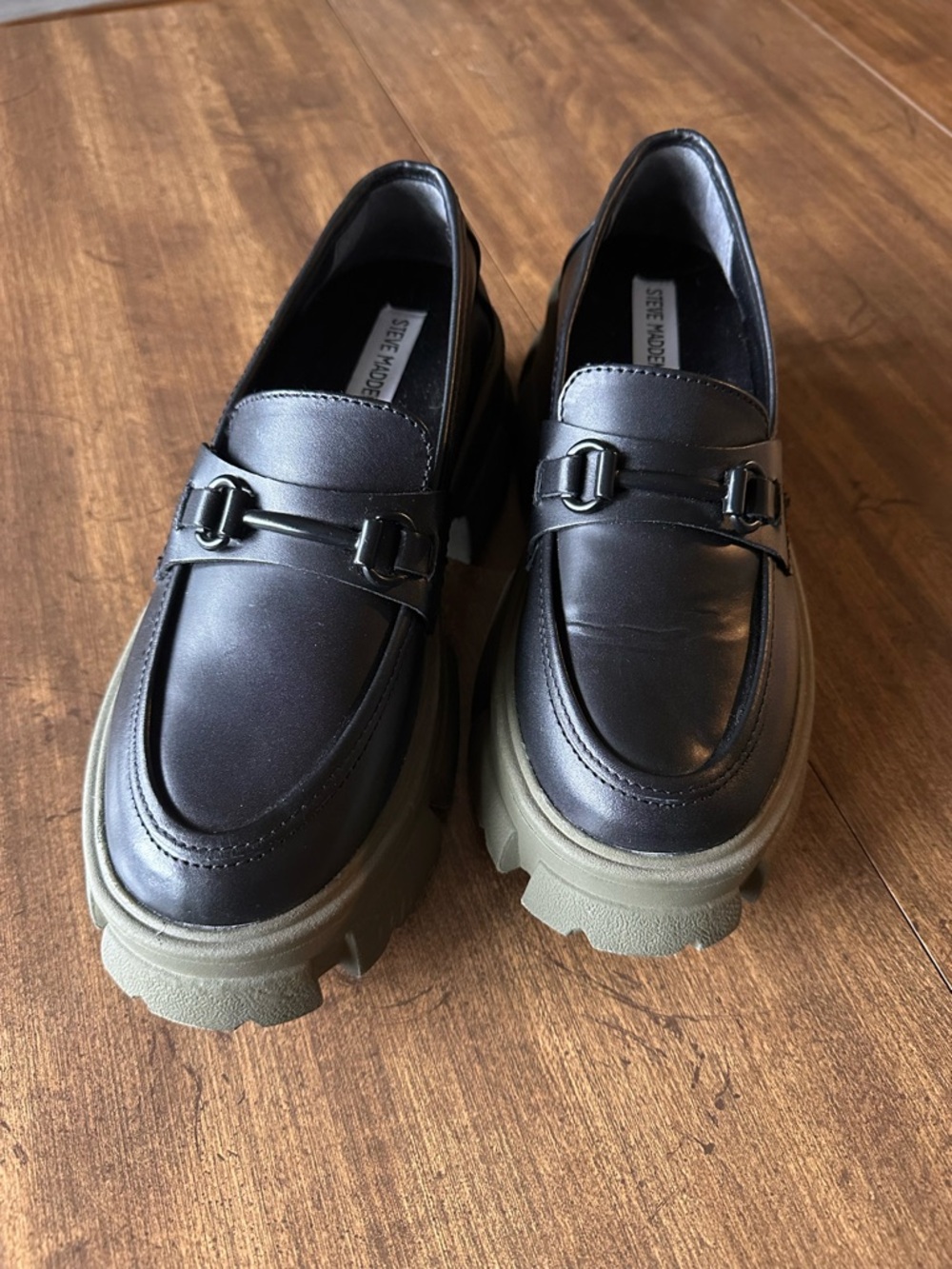 Steve Madden Black Leather Lug Sole Loafers with Olive Platform